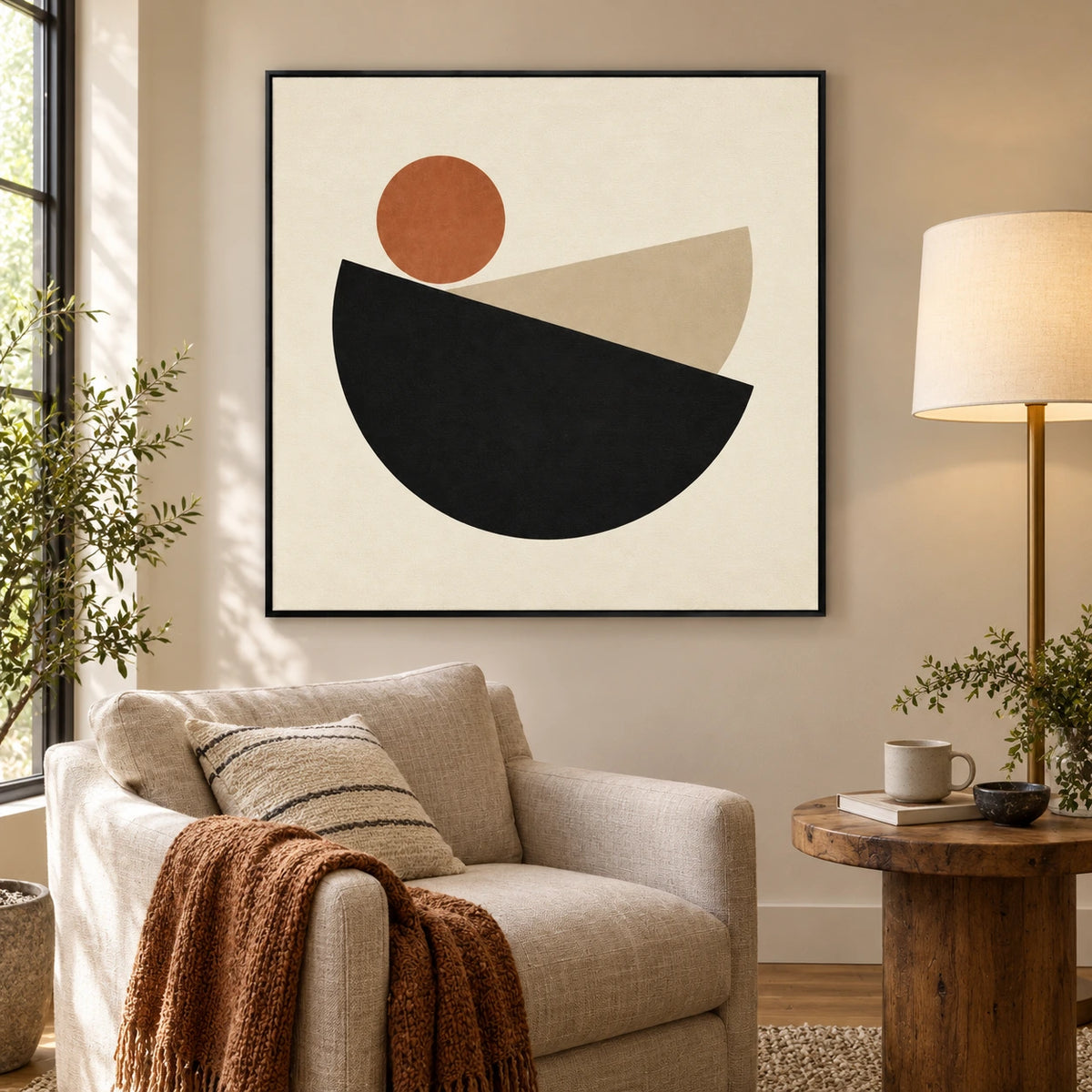 Black Semicircles and Terracotta Sun Oil Painting | Beige Minimalist Geometric Square Wall Art #OA 1691