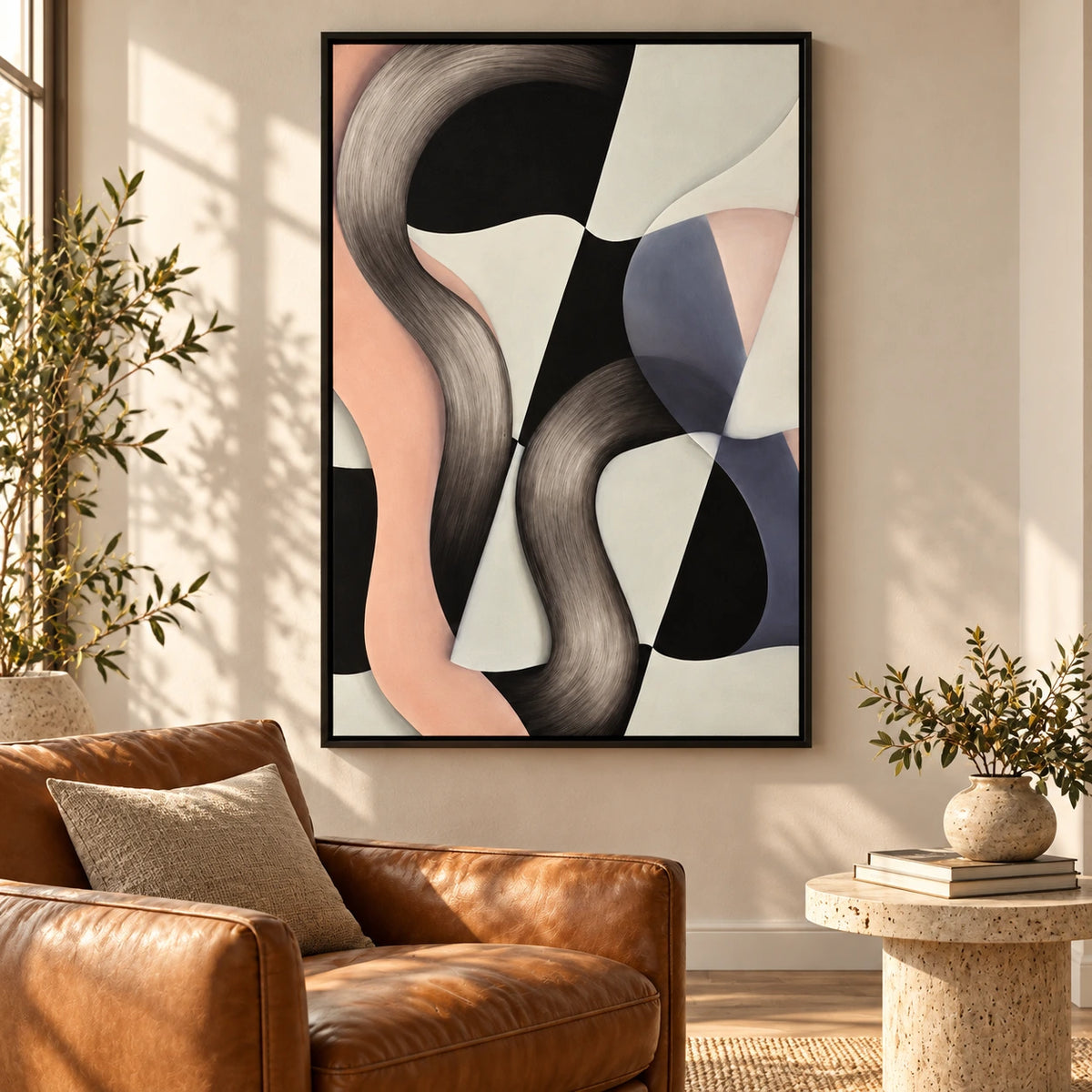 Black White and Blush Abstract Oil Painting | Flowing Curves Modern Vertical Wall Art #OA 1629
