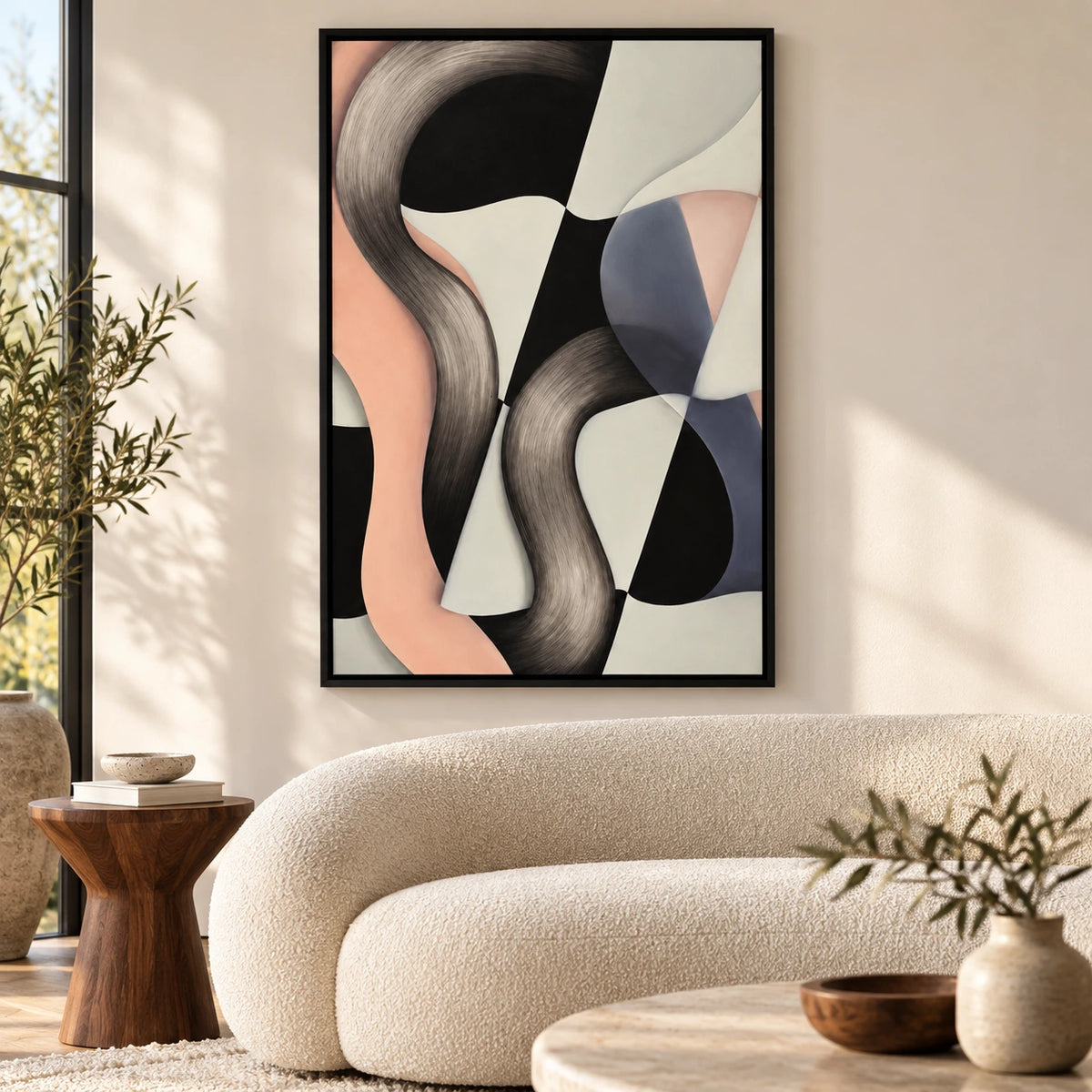 Black White and Blush Abstract Oil Painting | Flowing Curves Modern Vertical Wall Art #OA 1629