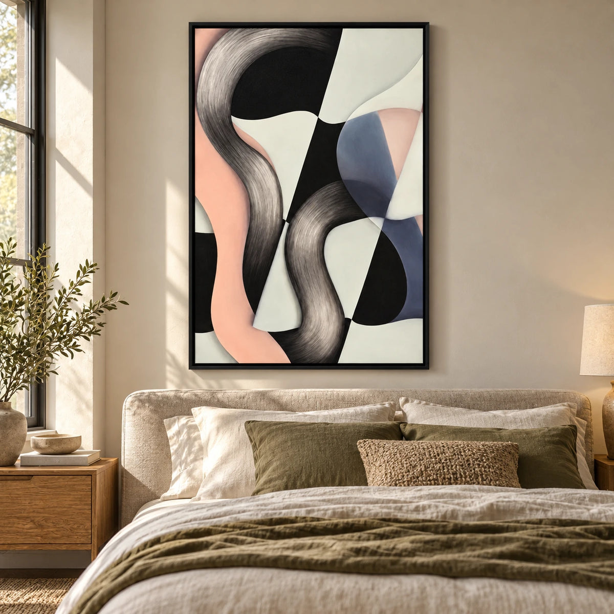 Black White and Blush Abstract Oil Painting | Flowing Curves Modern Vertical Wall Art #OA 1629