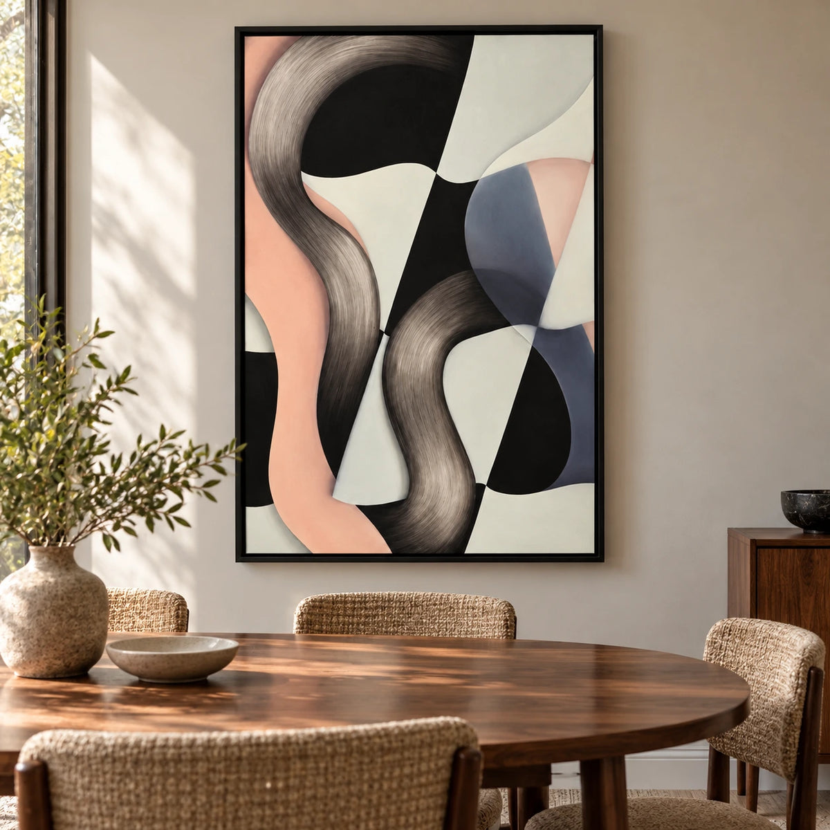 Black White and Blush Abstract Oil Painting | Flowing Curves Modern Vertical Wall Art #OA 1629