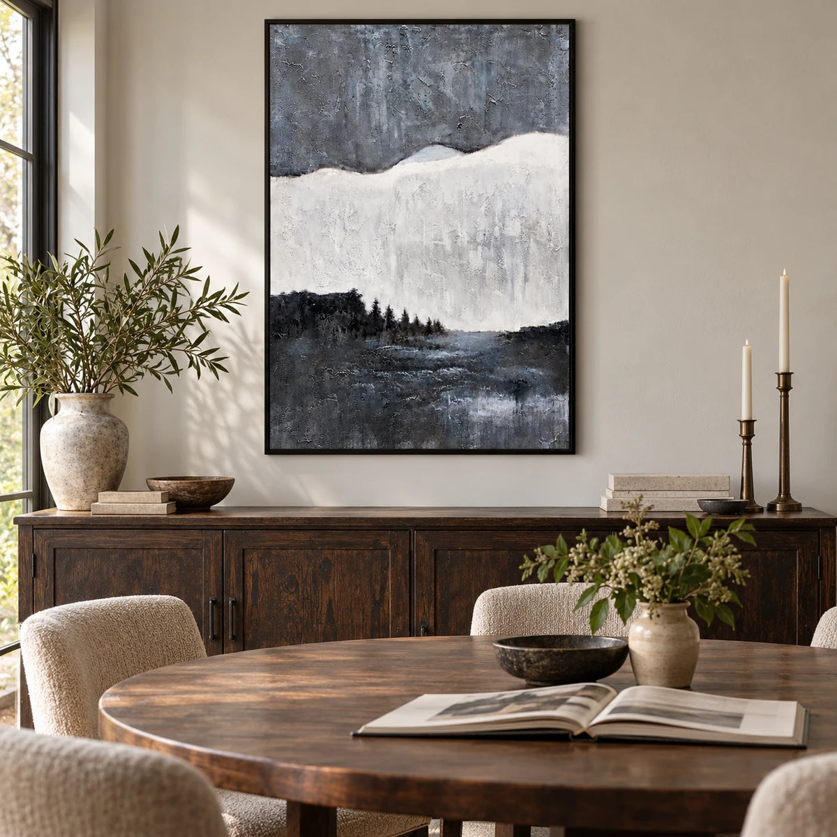 Black White and Grey Forest Lake Oil Painting | Misty Horizon Textured Vertical Minimalist Landscape Wall Art #OA 1820