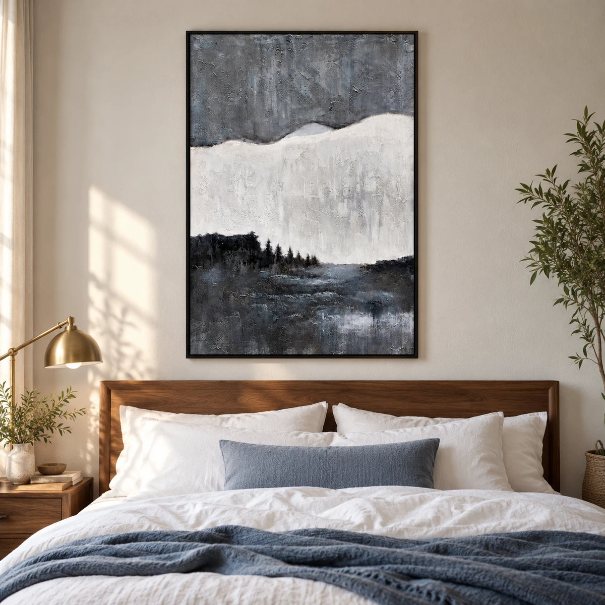 Black White and Grey Forest Lake Oil Painting | Misty Horizon Textured Vertical Minimalist Landscape Wall Art #OA 1820