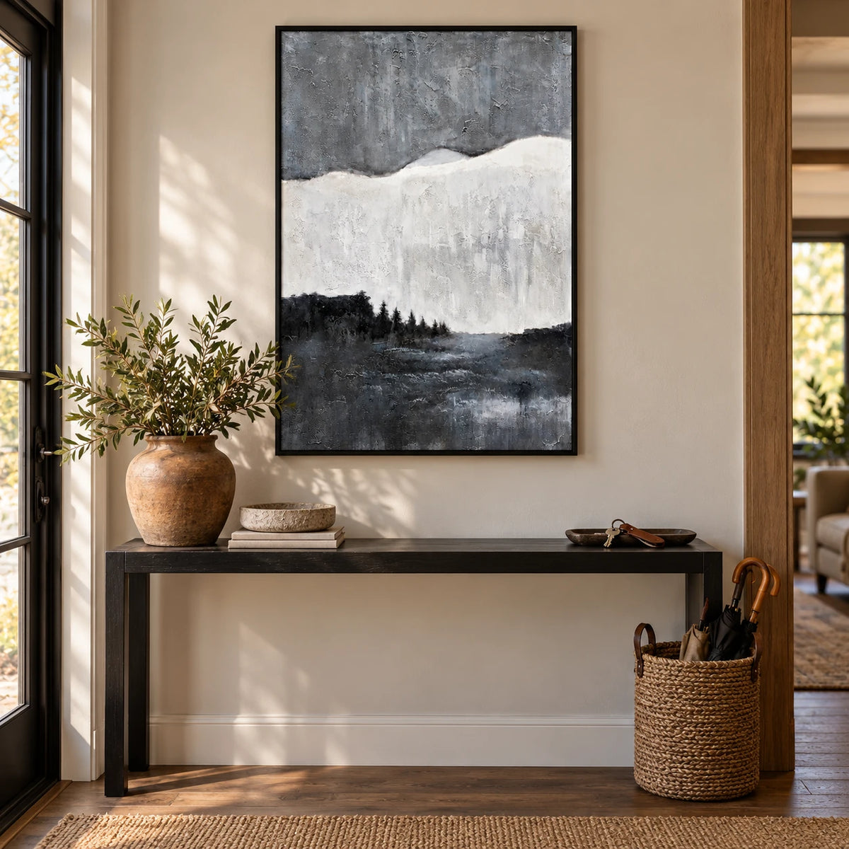 Black White and Grey Forest Lake Oil Painting | Misty Horizon Textured Vertical Minimalist Landscape Wall Art #OA 1820