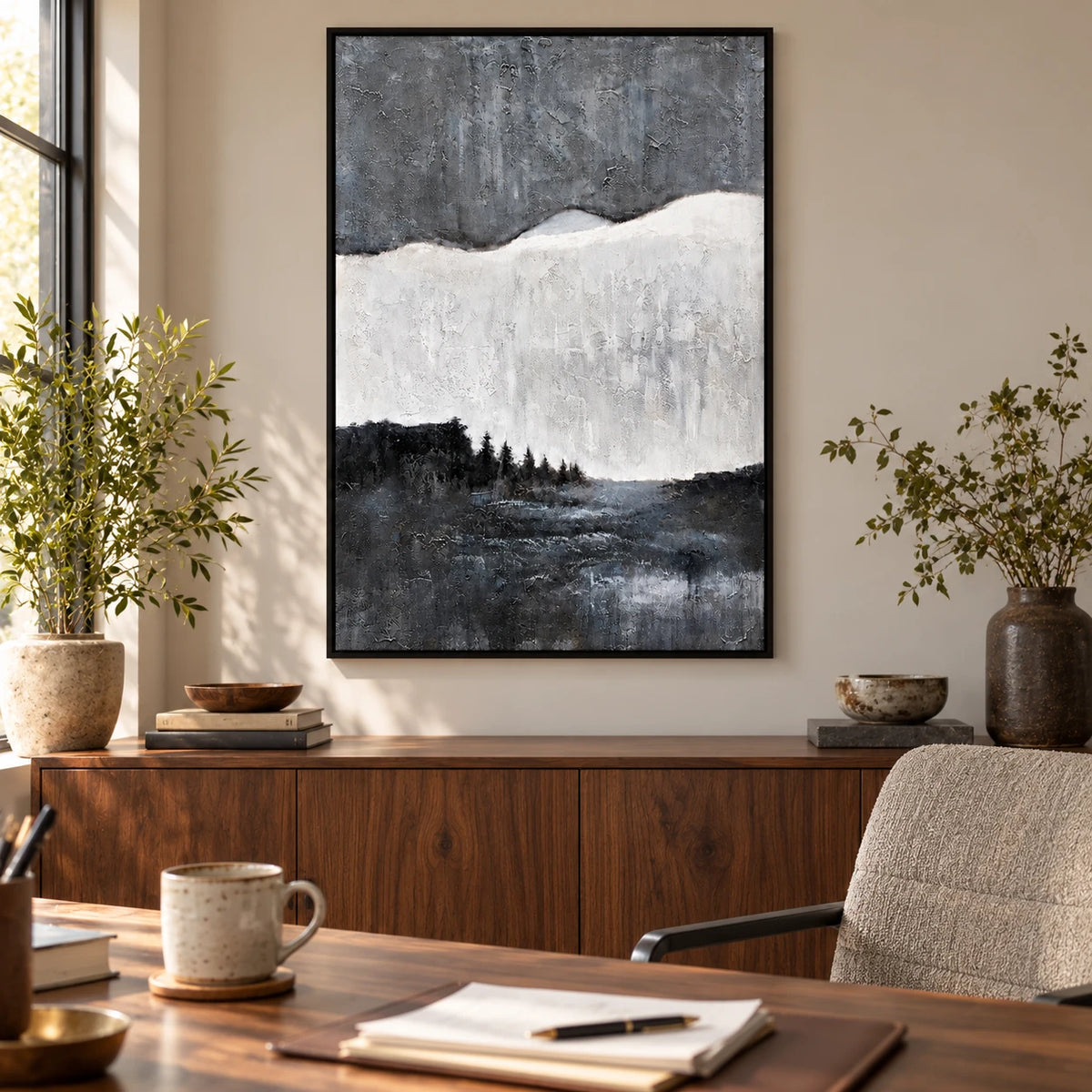Black White and Grey Forest Lake Oil Painting | Misty Horizon Textured Vertical Minimalist Landscape Wall Art #OA 1820