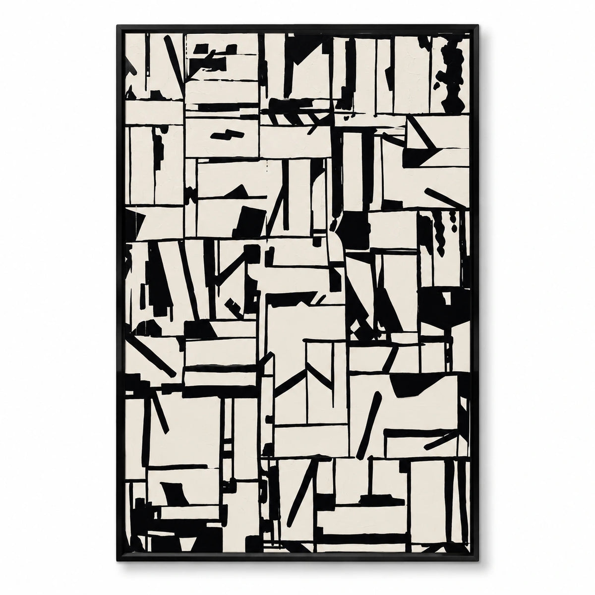 Black and Cream Abstract Grid Oil Painting | Irregular Geometric Lines and Angular Marks Vertical Modern Wall Art OA 1753