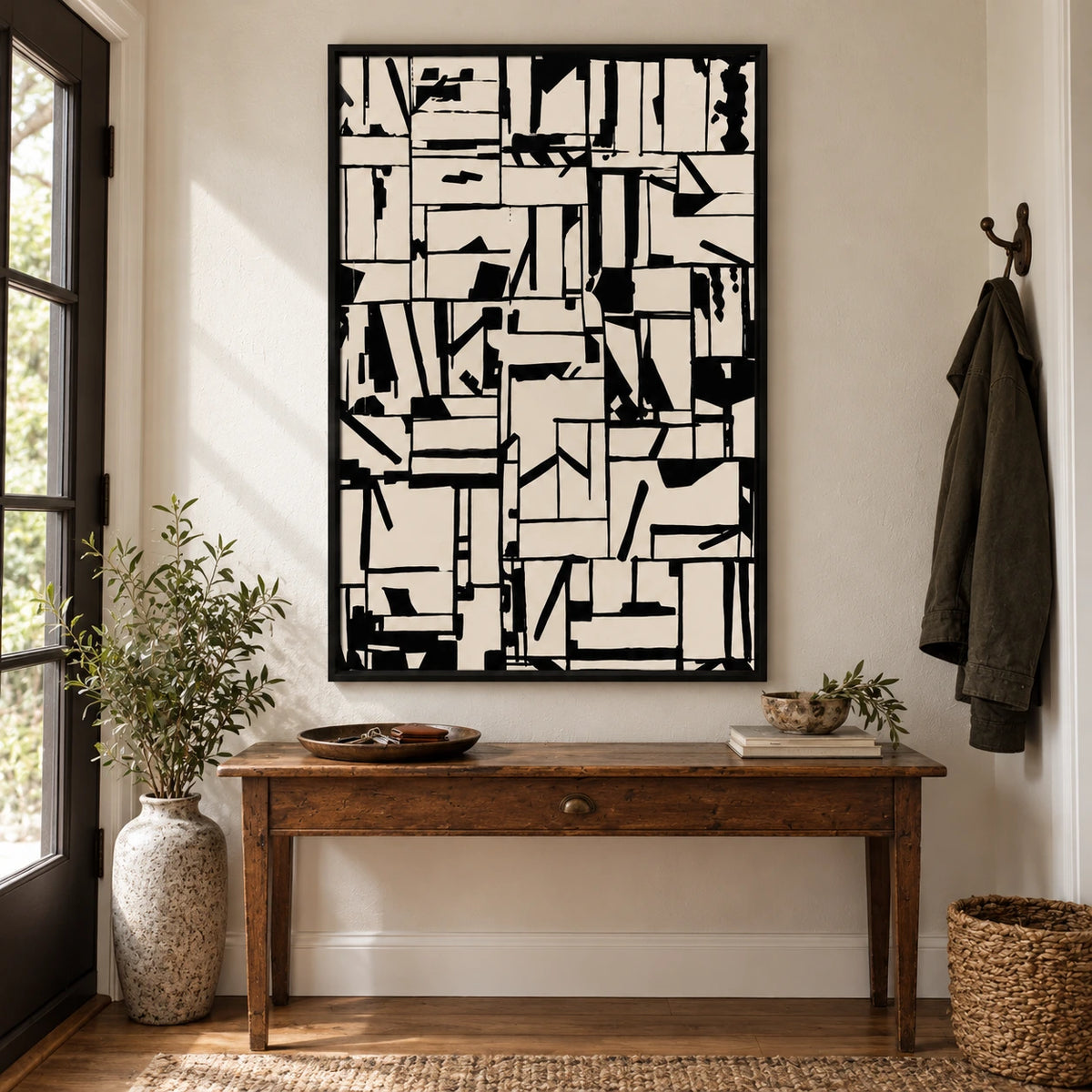 Black and Cream Abstract Grid Oil Painting | Irregular Geometric Lines and Angular Marks Vertical Modern Wall Art OA 1753