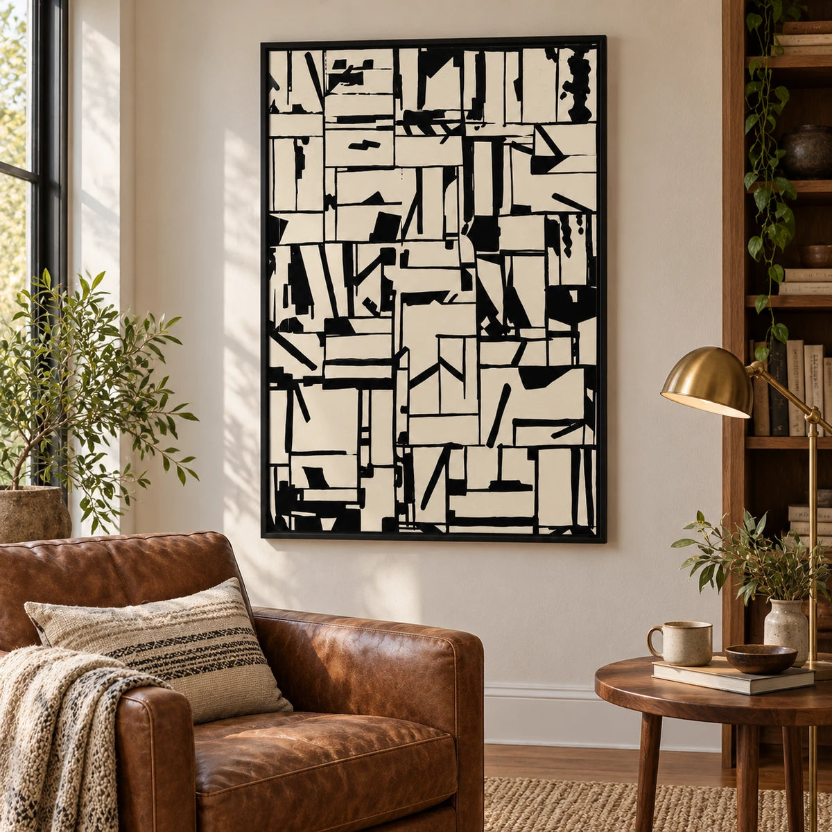 Black and Cream Abstract Grid Oil Painting | Irregular Geometric Lines and Angular Marks Vertical Modern Wall Art OA 1753