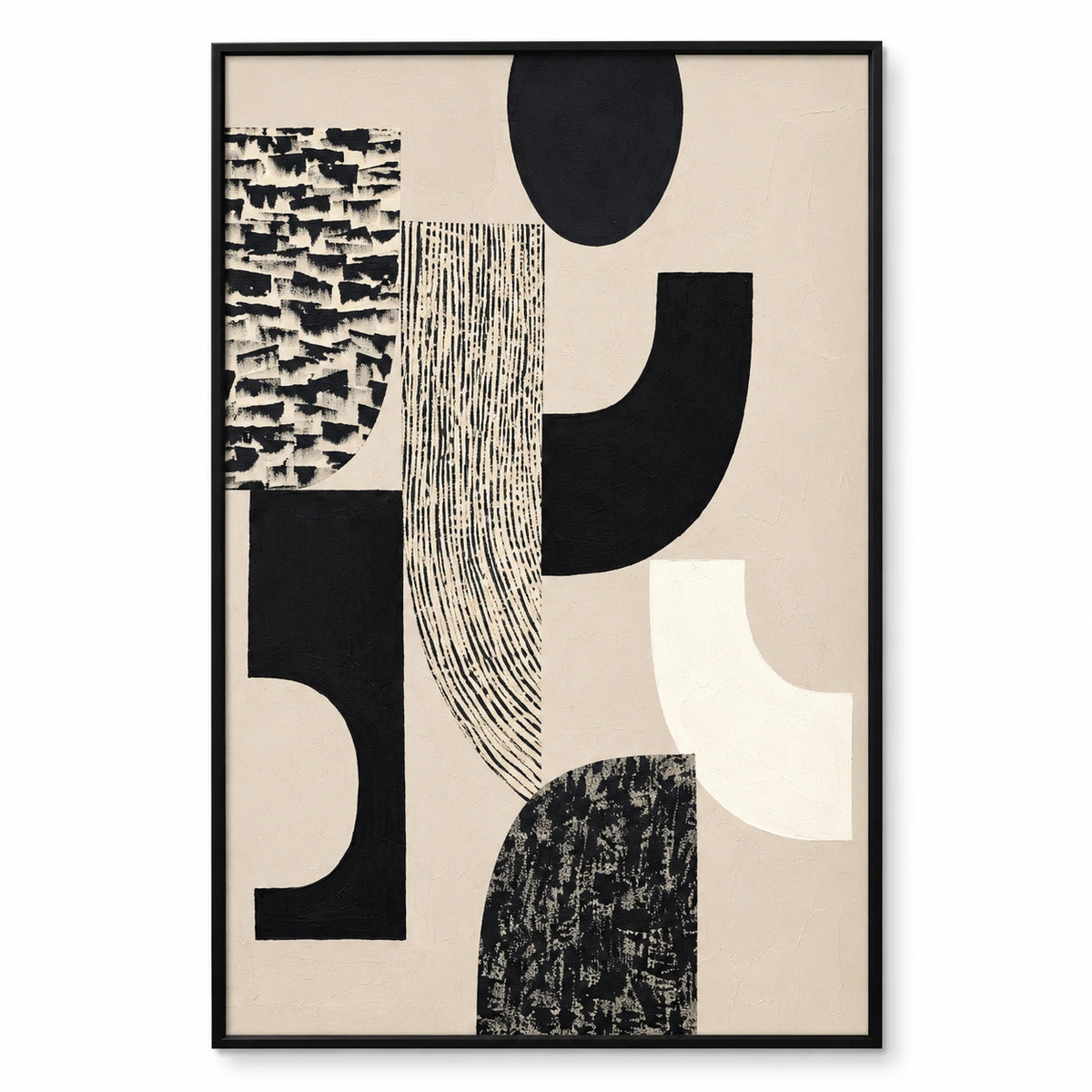 Black and Cream Geometric Oil Painting | Curved Blocks Striped Shapes and Textured Marks Vertical Abstract Wall Art OA 1747