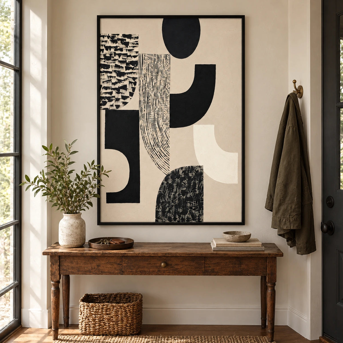 Black and Cream Geometric Oil Painting | Curved Blocks Striped Shapes and Textured Marks Vertical Abstract Wall Art OA 1747