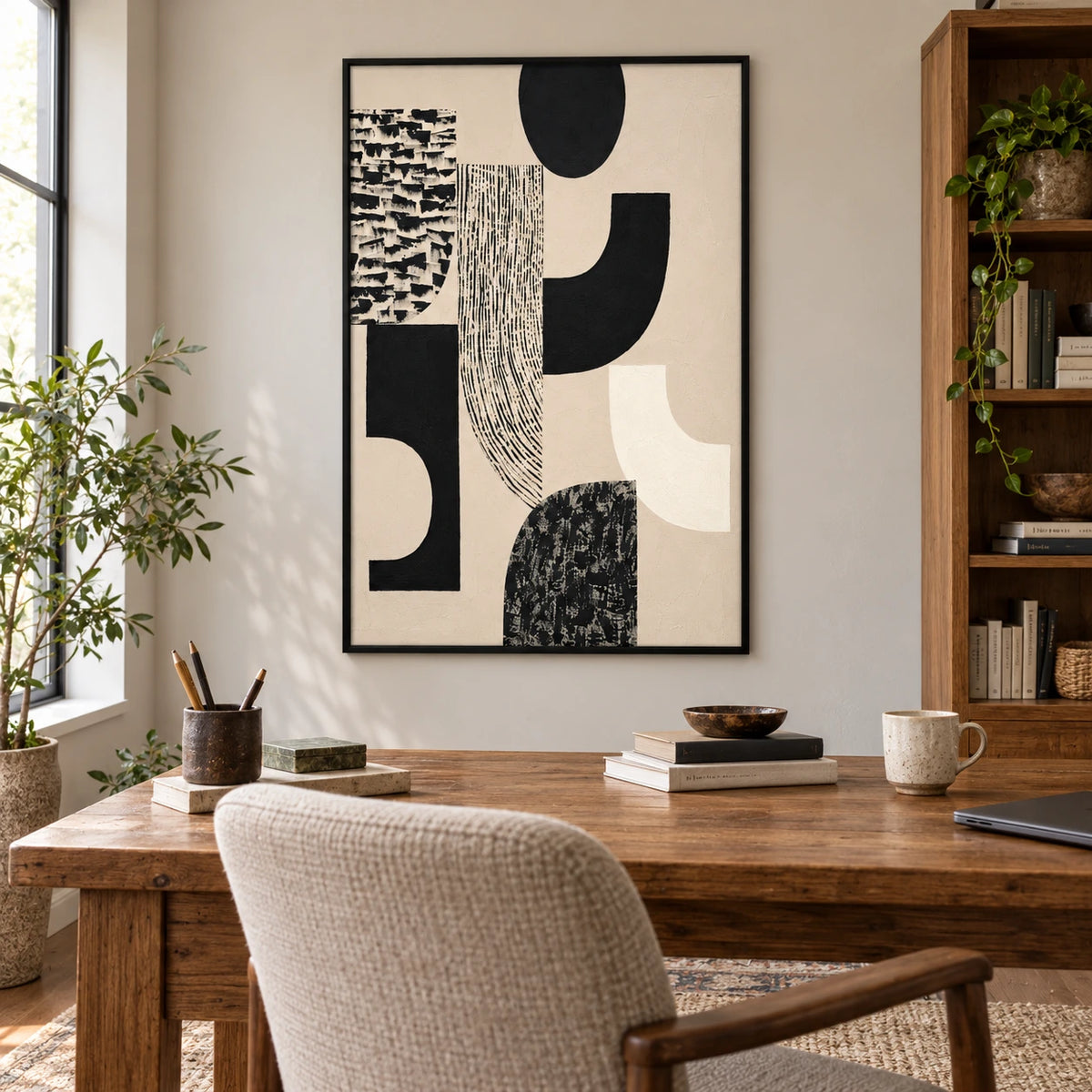 Black and Cream Geometric Oil Painting | Curved Blocks Striped Shapes and Textured Marks Vertical Abstract Wall Art OA 1747