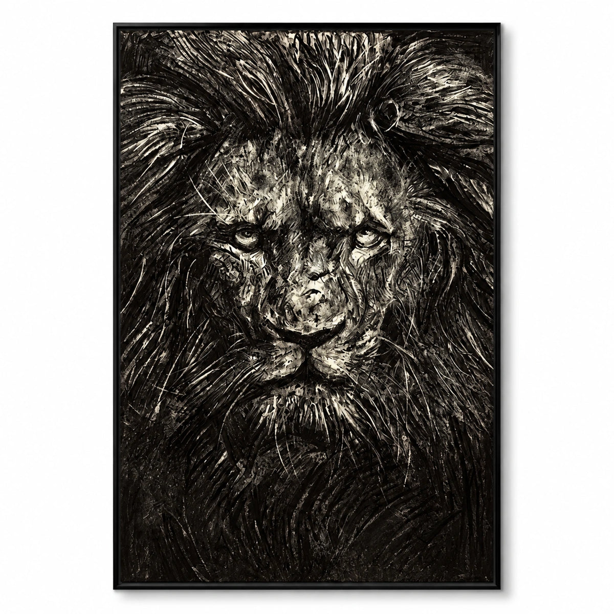 Black and Cream Lion Portrait Oil Painting | Front Facing Face and Flowing Mane Textured Vertical Wildlife Wall Art OA 1740