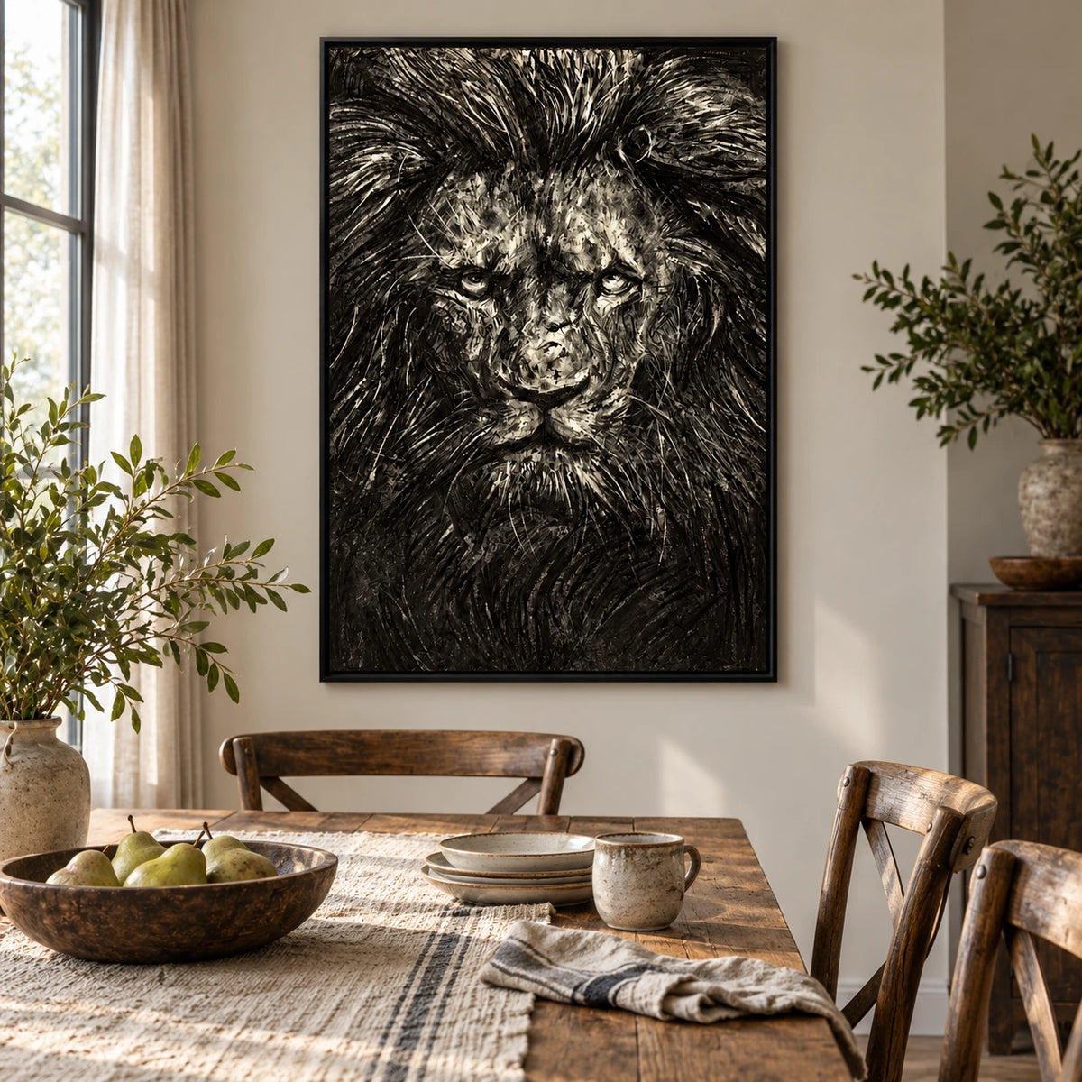 Black and Cream Lion Portrait Oil Painting | Front Facing Face and Flowing Mane Textured Vertical Wildlife Wall Art OA 1740