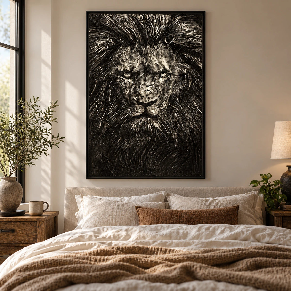 Black and Cream Lion Portrait Oil Painting | Front Facing Face and Flowing Mane Textured Vertical Wildlife Wall Art OA 1740