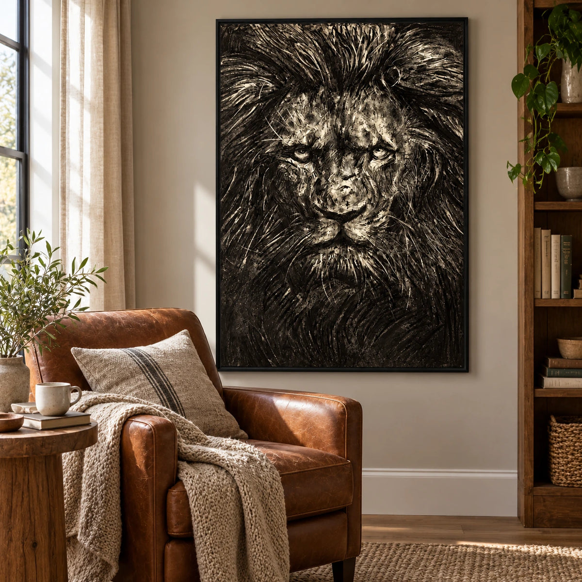 Black and Cream Lion Portrait Oil Painting | Front Facing Face and Flowing Mane Textured Vertical Wildlife Wall Art OA 1740