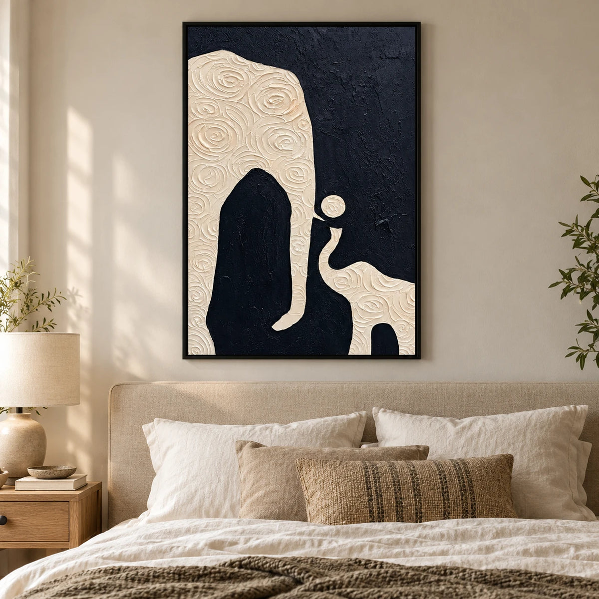 Black and Ivory Abstract Oil Painting | Sculptural Organic Shapes and Spiral Relief Textured Vertical Wall Art #OA 1813