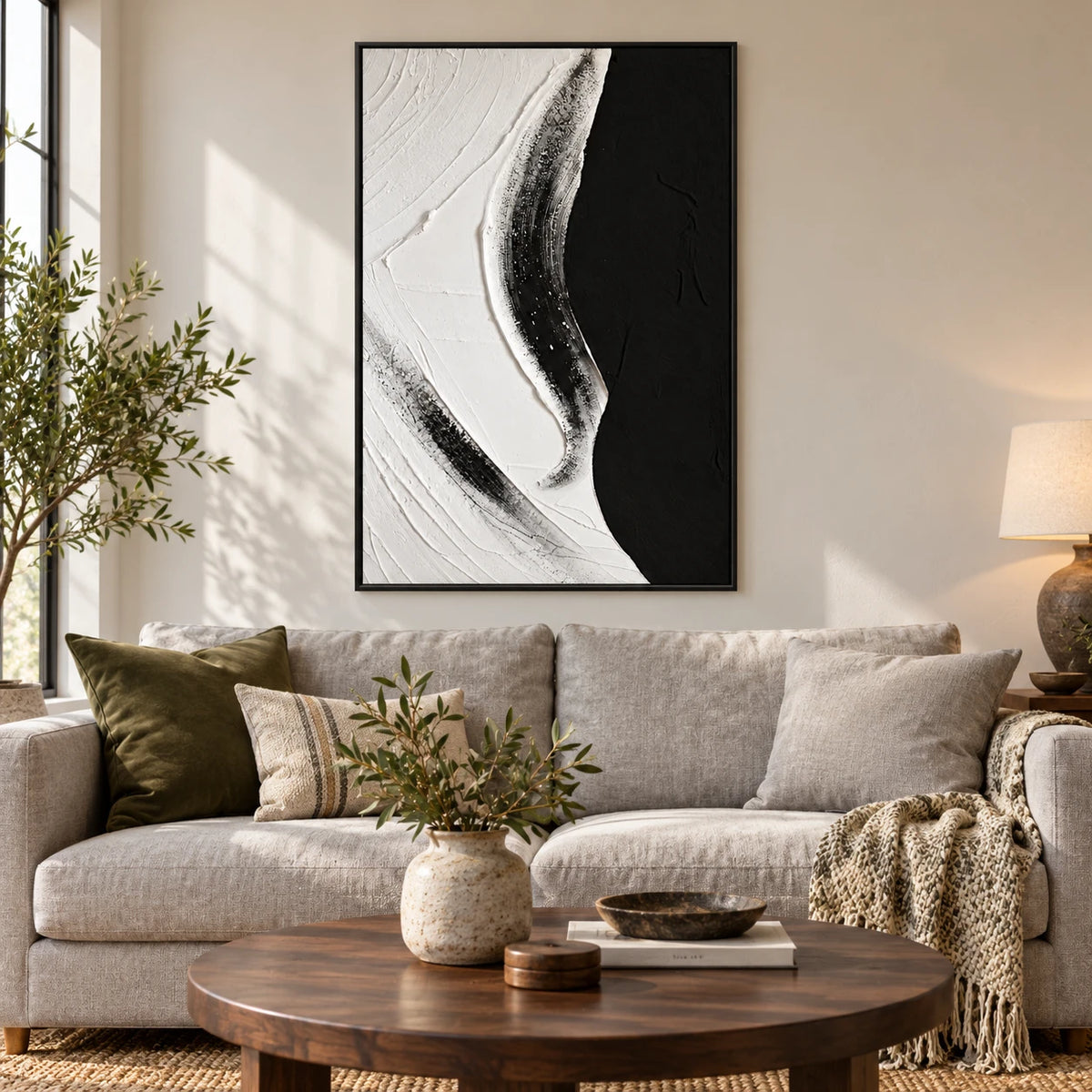 Black and White Abstract Oil Painting | Raised Curving Ridge and Fine Grooves Textured Vertical Minimalist Wall Art #OA 1821