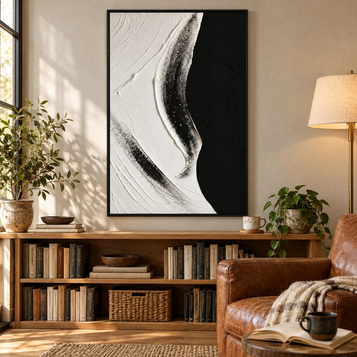 Black and White Abstract Oil Painting | Raised Curving Ridge and Fine Grooves Textured Vertical Minimalist Wall Art #OA 1821