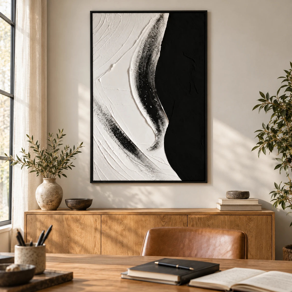 Black and White Abstract Oil Painting | Raised Curving Ridge and Fine Grooves Textured Vertical Minimalist Wall Art #OA 1821
