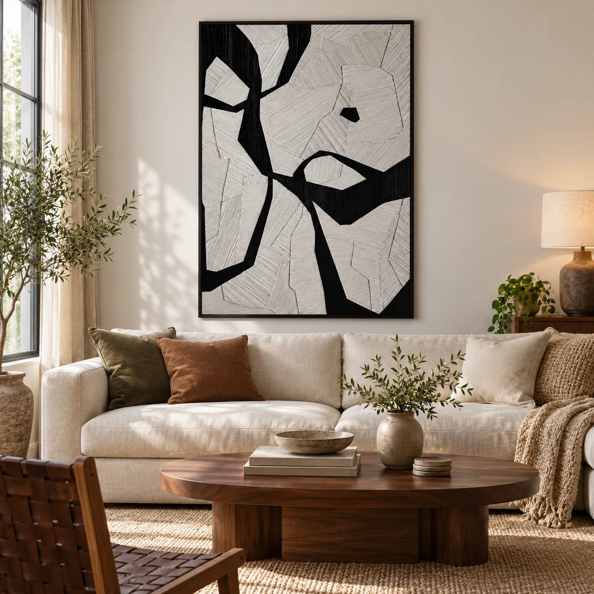 Black and White Geometric Oil Painting | Irregular Bands and Fine Incised Lines Vertical Abstract Wall Art OA 1785