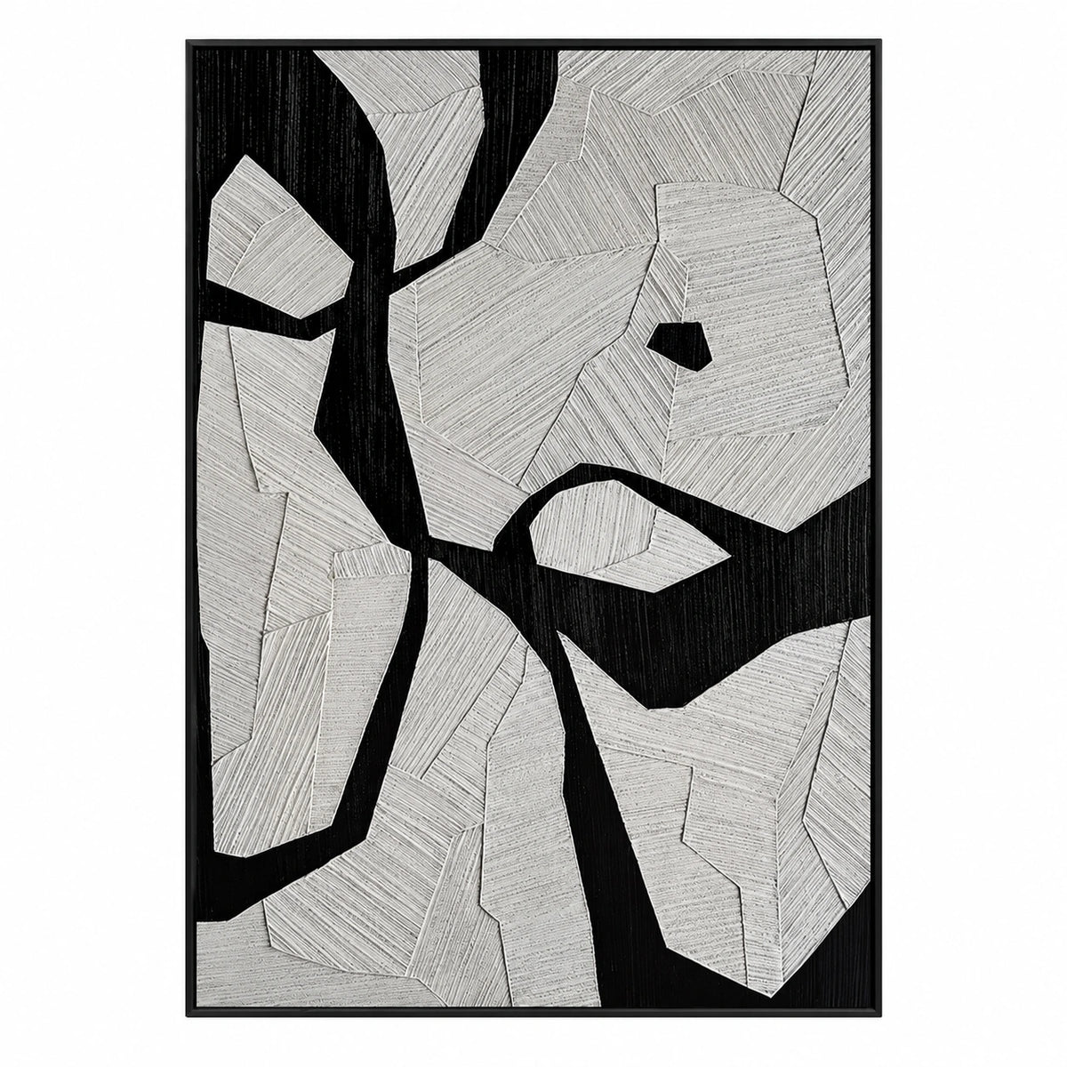 Black and White Geometric Oil Painting | Irregular Bands and Fine Incised Lines Vertical Abstract Wall Art OA 1785