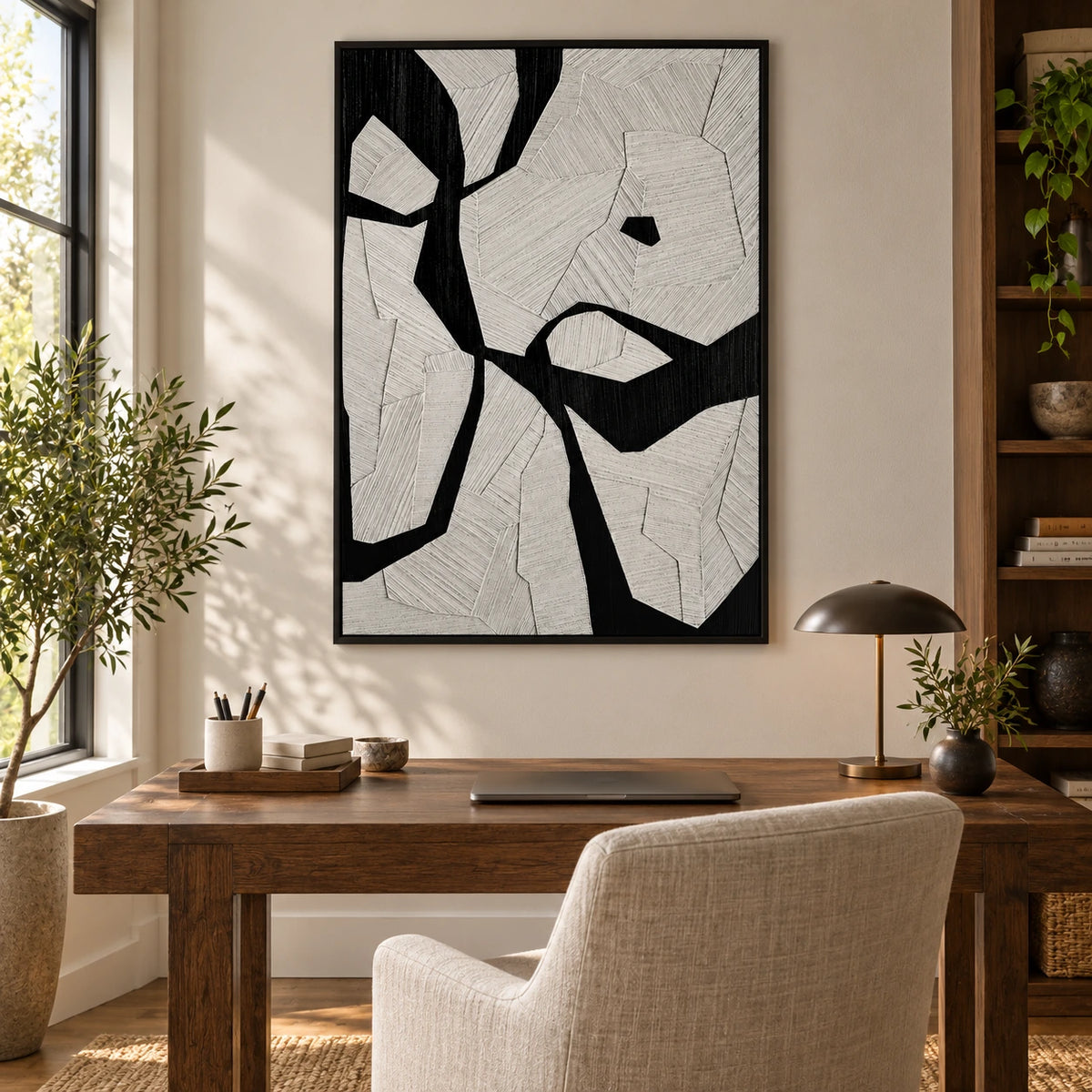 Black and White Geometric Oil Painting | Irregular Bands and Fine Incised Lines Vertical Abstract Wall Art OA 1785