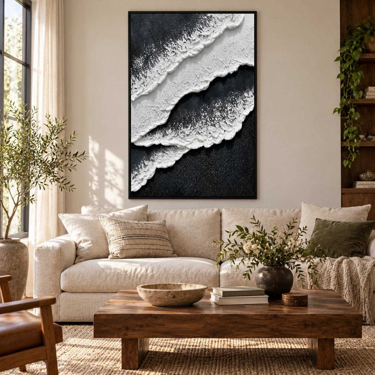 Black and White Ocean Foam Oil Painting | Raised Diagonal Waves Textured Vertical Monochrome Coastal Wall Art OA 1792