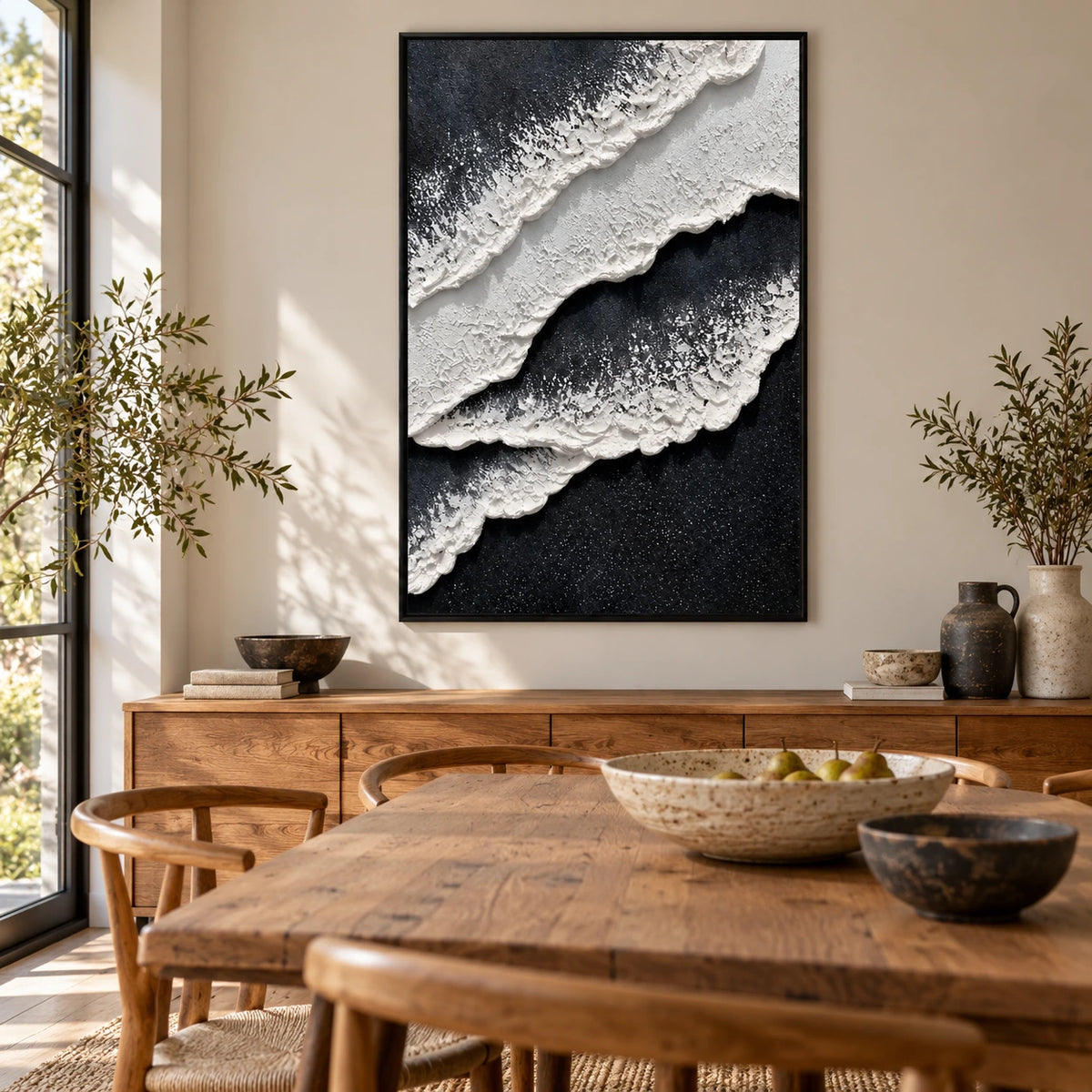 Black and White Ocean Foam Oil Painting | Raised Diagonal Waves Textured Vertical Monochrome Coastal Wall Art OA 1792