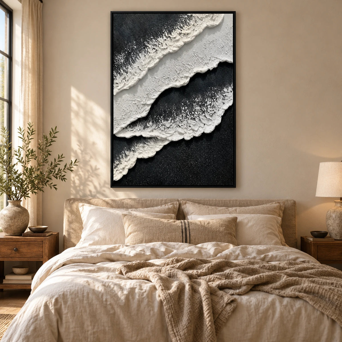 Black and White Ocean Foam Oil Painting | Raised Diagonal Waves Textured Vertical Monochrome Coastal Wall Art OA 1792