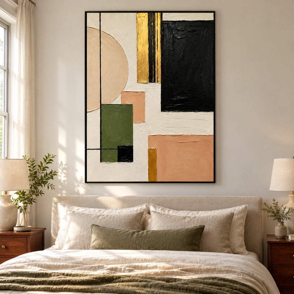 Black Olive Green and Beige Geometric Abstract Oil Painting | Neutral Textured Wall Art #OA 1608