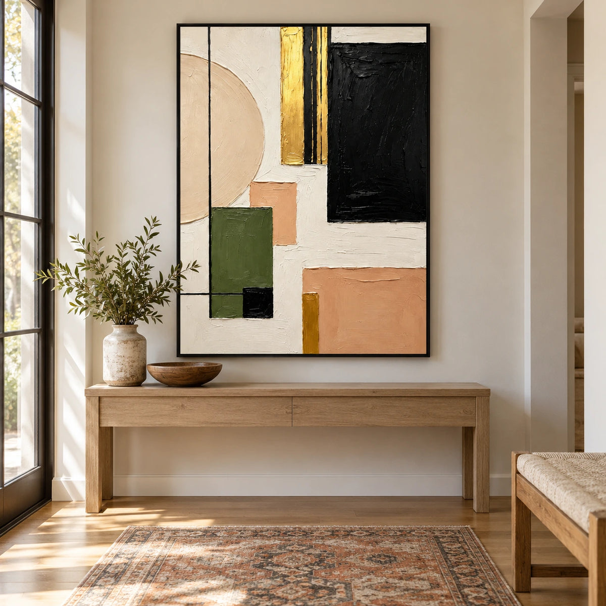 Black Olive Green and Beige Geometric Abstract Oil Painting | Neutral Textured Wall Art #OA 1608