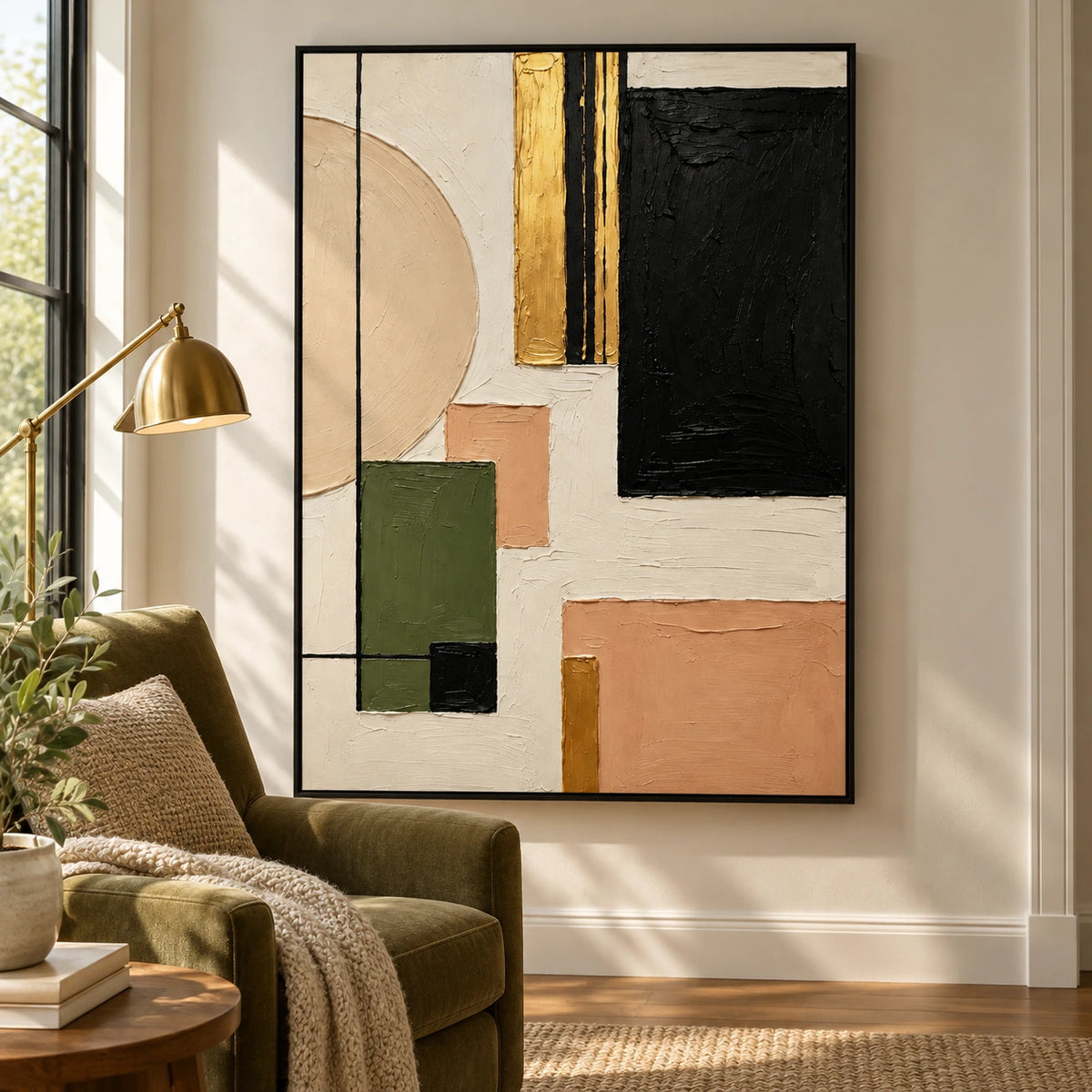 Black Olive Green and Beige Geometric Abstract Oil Painting | Neutral Textured Wall Art #OA 1608