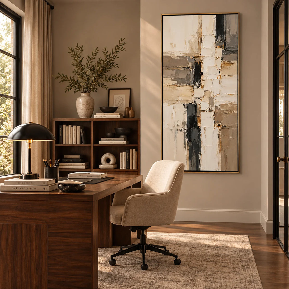 Black White and Beige Abstract Oil Painting, Hand Painted Vertical Textured Modern Minimalist Wall Art for Living Room Bedroom | Ownanart