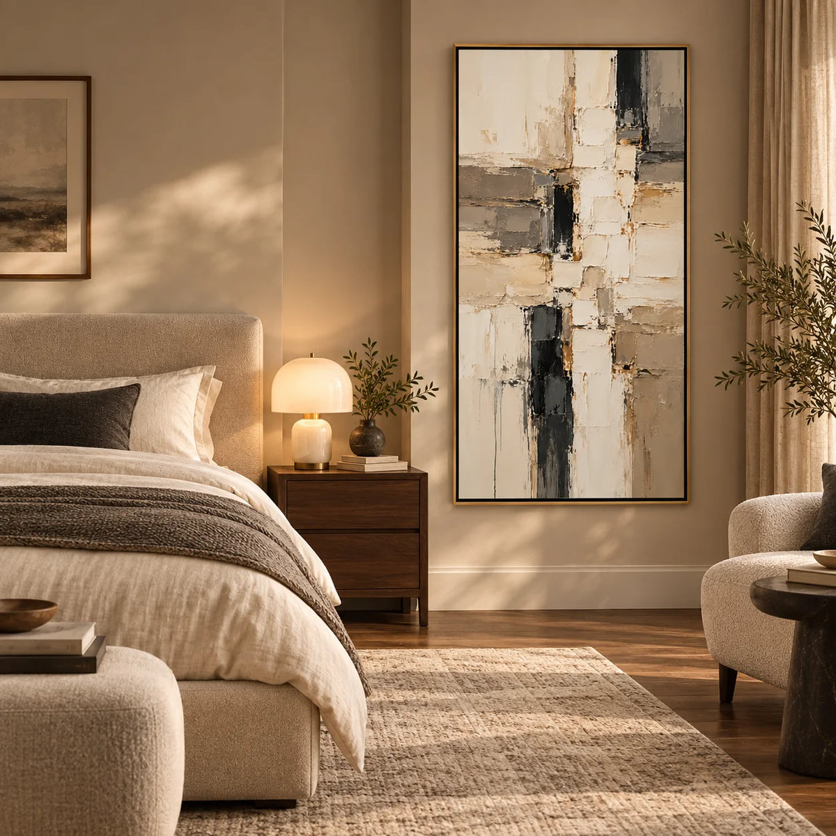 Black White and Beige Abstract Oil Painting, Hand Painted Vertical Textured Modern Minimalist Wall Art for Living Room Bedroom | Ownanart