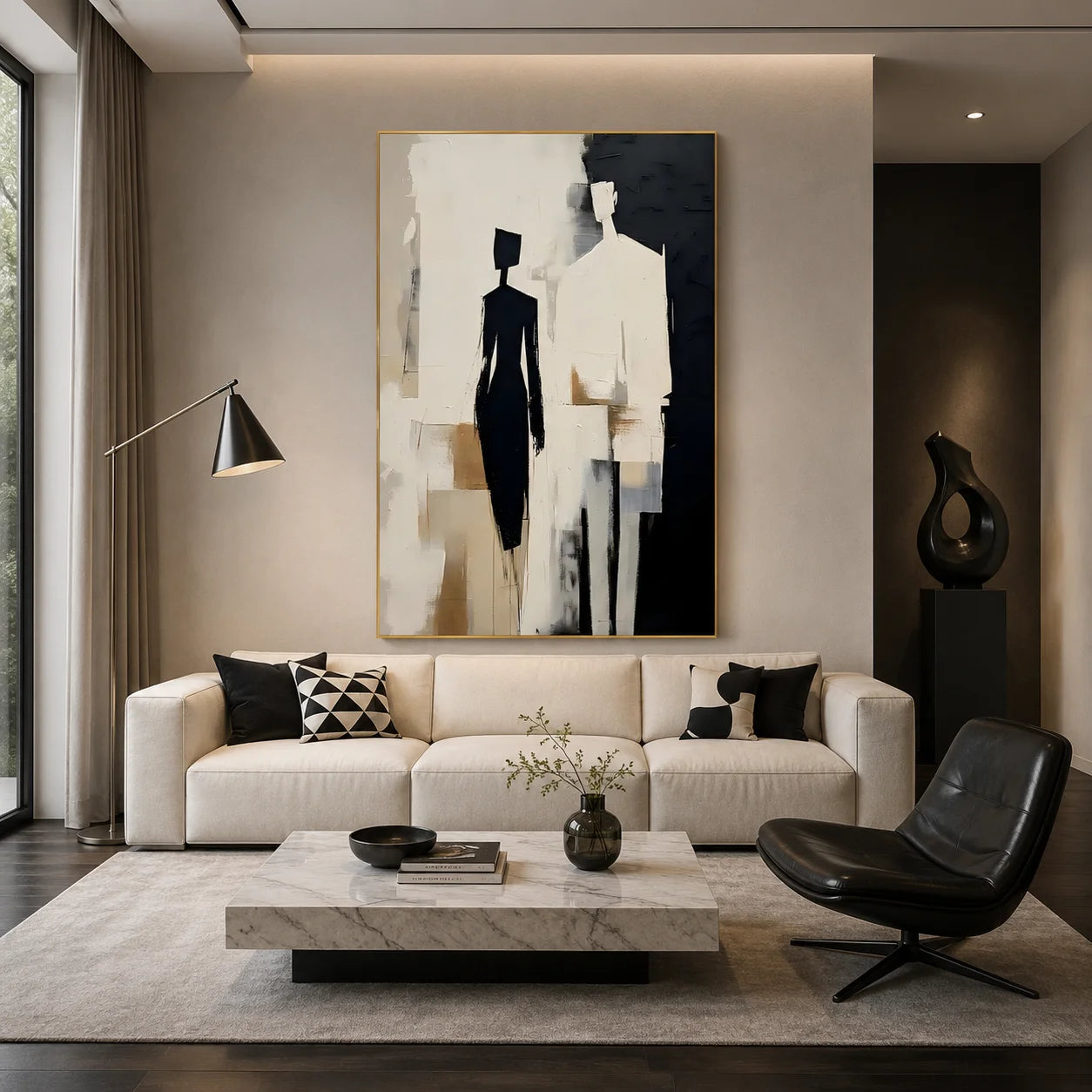 Black, White and Beige Two-Figure Minimalist Abstract Hand-Painted Oil Painting – Vertical Neutral Figurative Wall Art | Ownanart # OA 1219