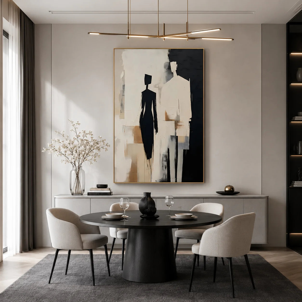 Black, White and Beige Two-Figure Minimalist Abstract Hand-Painted Oil Painting – Vertical Neutral Figurative Wall Art | Ownanart # OA 1219