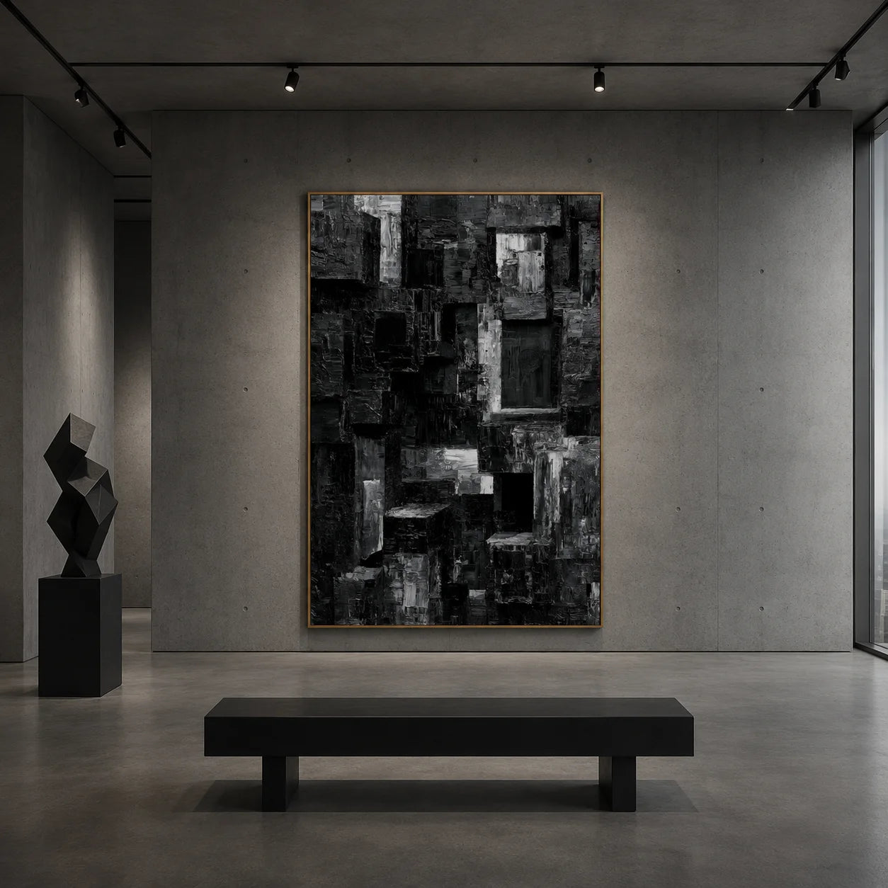 Black and Gray Urban Architecture Textured Abstract Oil Painting – Vertical Industrial Modern Wall Art | Ownanart # OA 1208