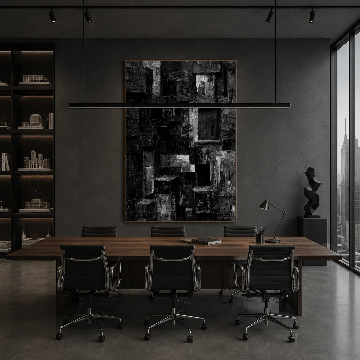 Black and Gray Urban Architecture Textured Abstract Oil Painting – Vertical Industrial Modern Wall Art | Ownanart # OA 1208