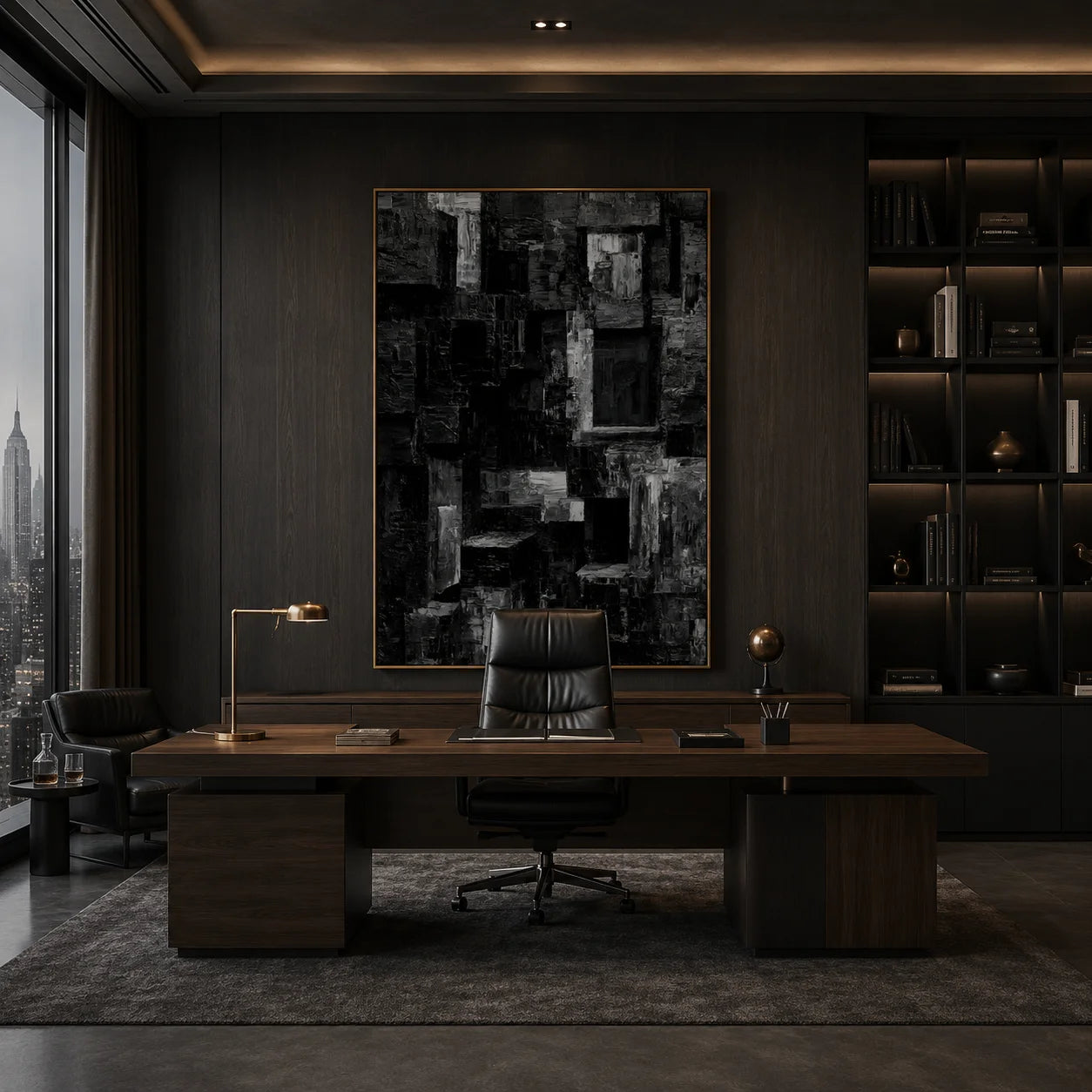 Black and Gray Urban Architecture Textured Abstract Oil Painting – Vertical Industrial Modern Wall Art | Ownanart # OA 1208
