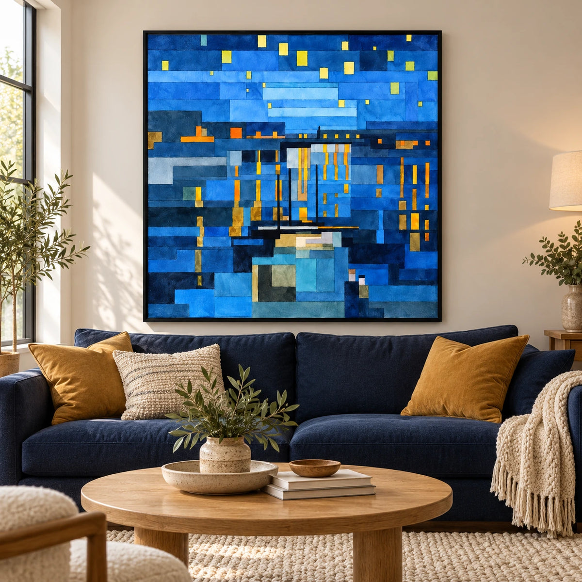 Blue Geometric Night Cityscape Oil Painting | Glowing Yellow Windows and Urban Reflections Square Wall Art #OA 1706