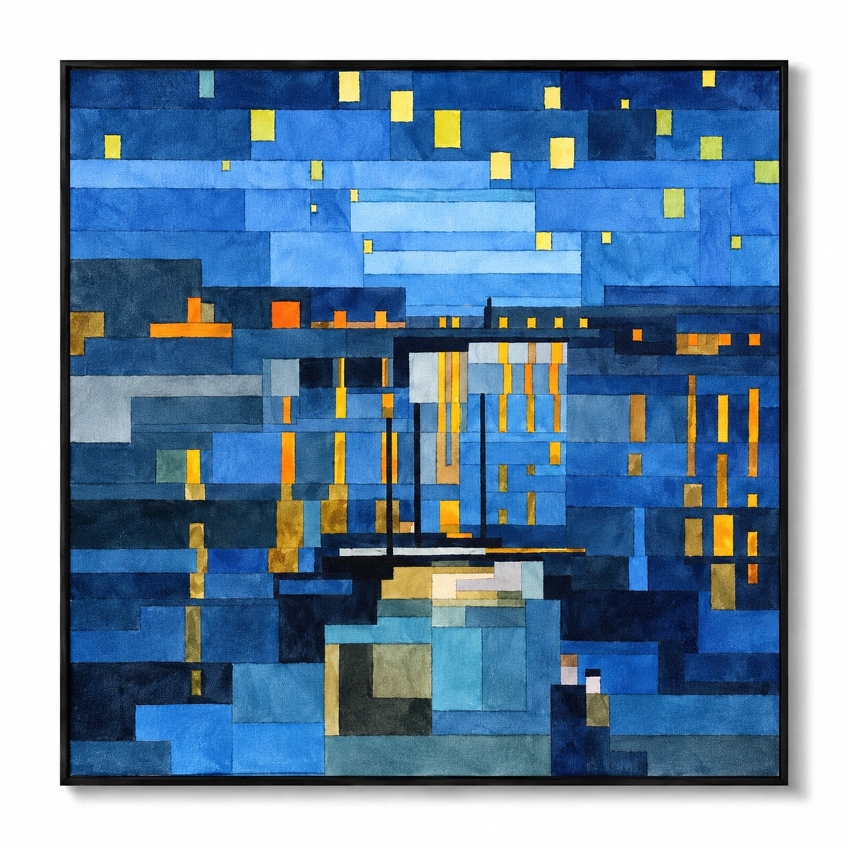 Blue Geometric Night Cityscape Oil Painting | Glowing Yellow Windows and Urban Reflections Square Wall Art #OA 1706