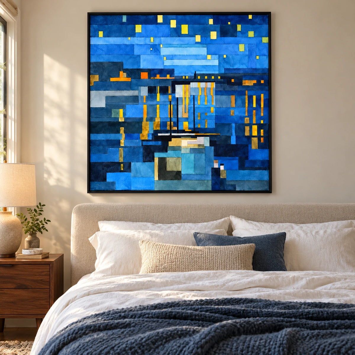 Blue Geometric Night Cityscape Oil Painting | Glowing Yellow Windows and Urban Reflections Square Wall Art #OA 1706