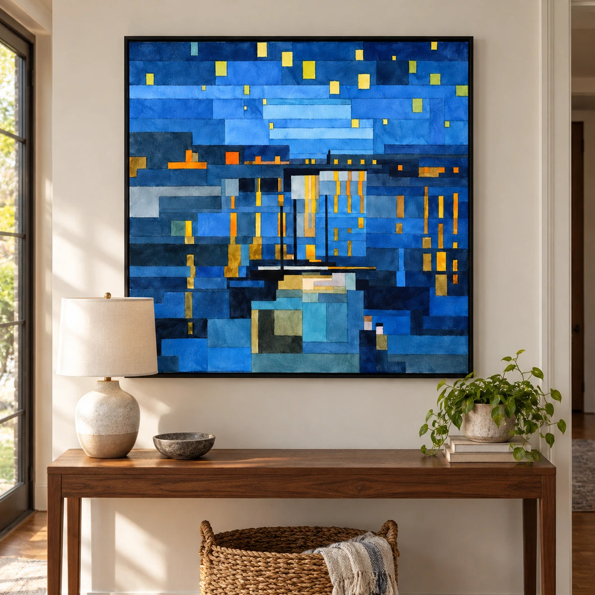 Blue Geometric Night Cityscape Oil Painting | Glowing Yellow Windows and Urban Reflections Square Wall Art #OA 1706