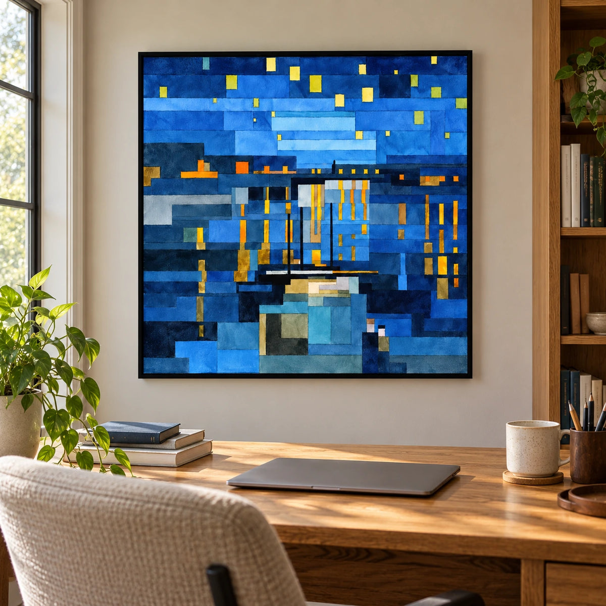 Blue Geometric Night Cityscape Oil Painting | Glowing Yellow Windows and Urban Reflections Square Wall Art #OA 1706