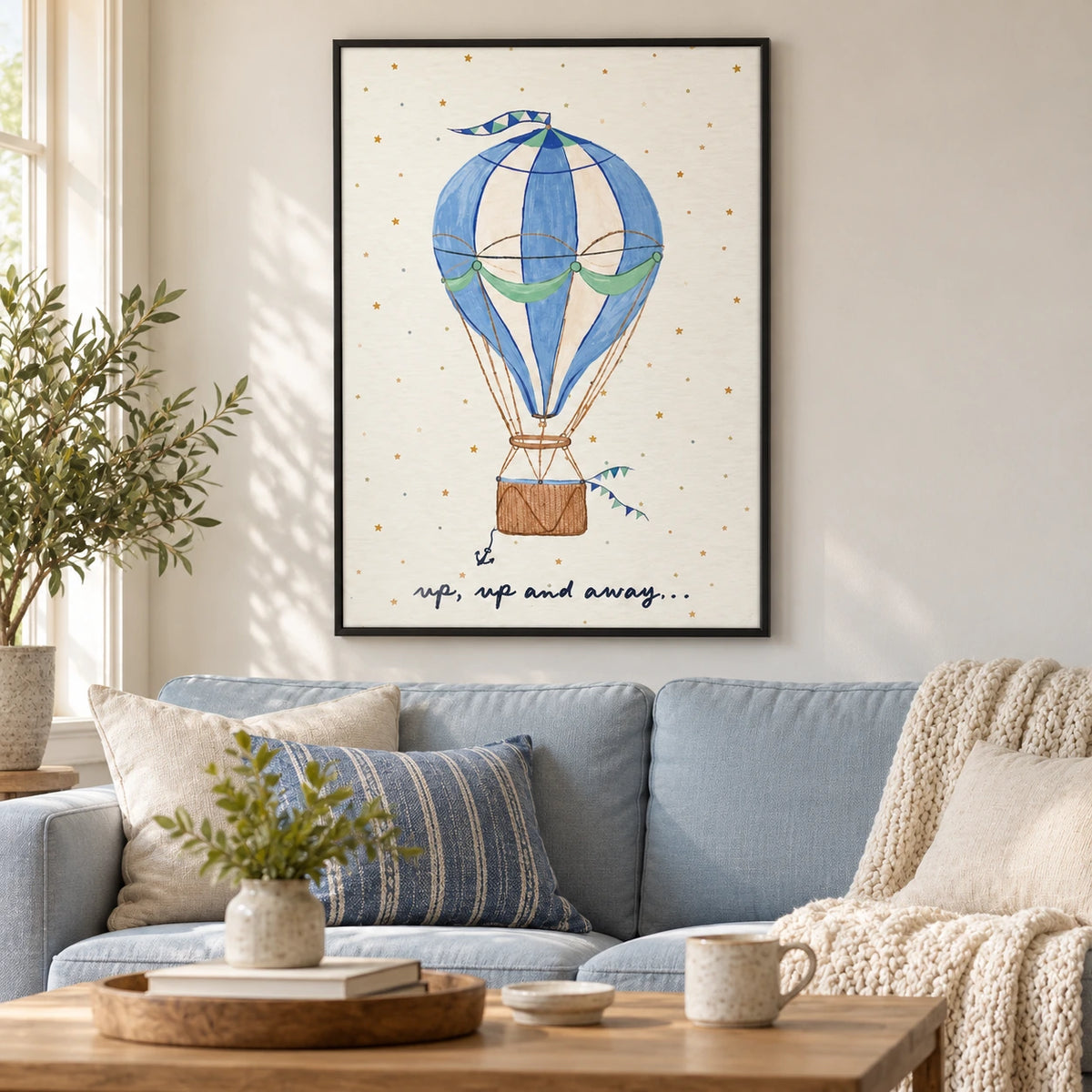 Blue Hot Air Balloon Oil Painting | Stars Green Bunting and Up Up and Away Lettering Vertical Nursery Wall Art OA 1741