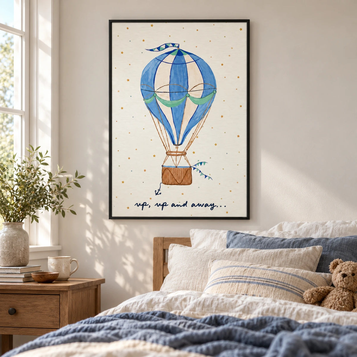 Blue Hot Air Balloon Oil Painting | Stars Green Bunting and Up Up and Away Lettering Vertical Nursery Wall Art OA 1741