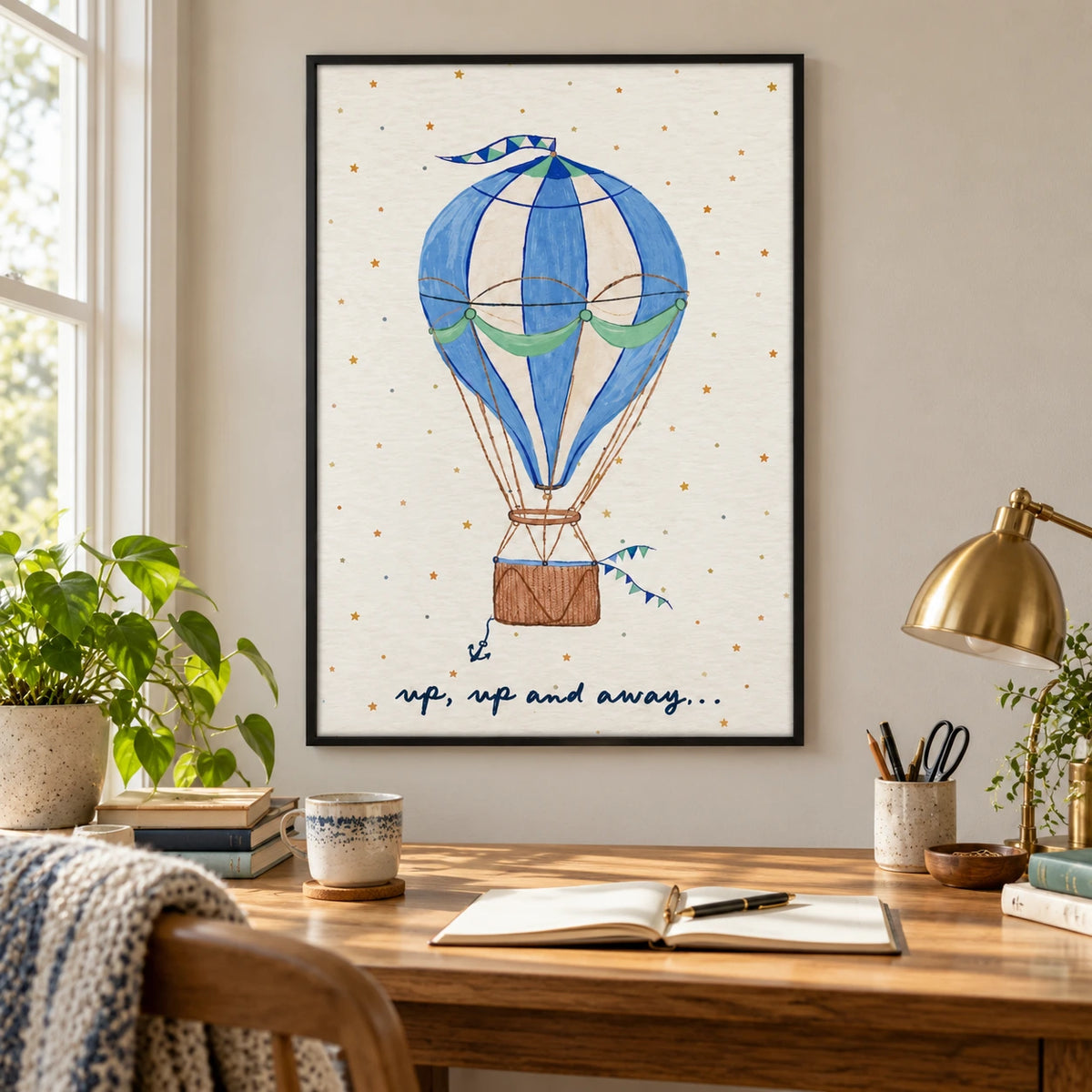 Blue Hot Air Balloon Oil Painting | Stars Green Bunting and Up Up and Away Lettering Vertical Nursery Wall Art OA 1741
