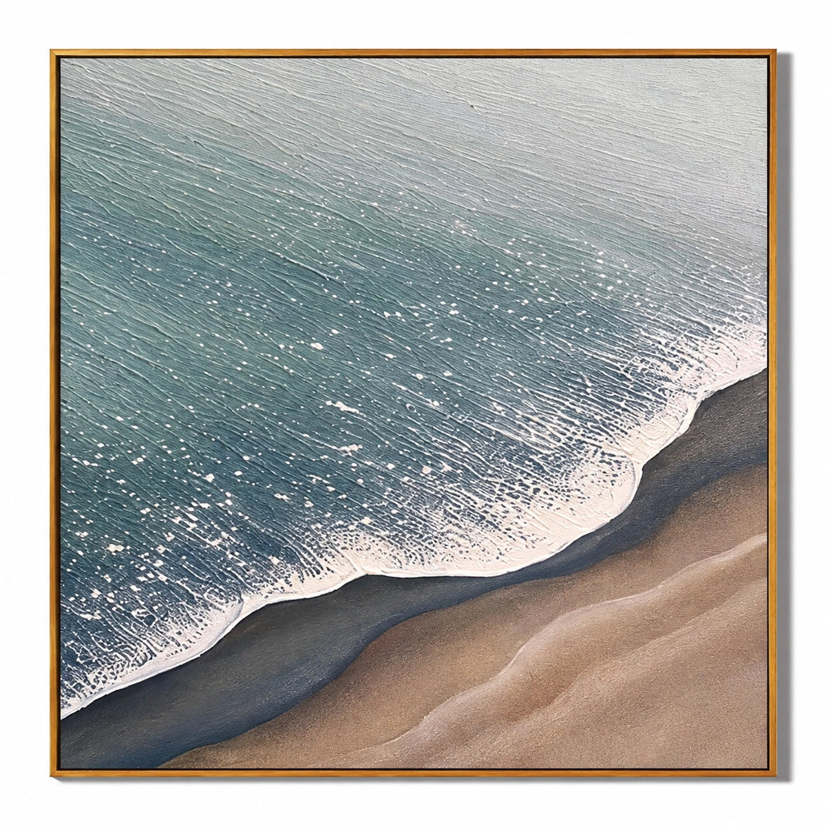 Blue Ocean Foam and Sandy Beach Oil Painting | Aerial Shoreline Neutral Coastal Textured Square Wall Art OA 1672