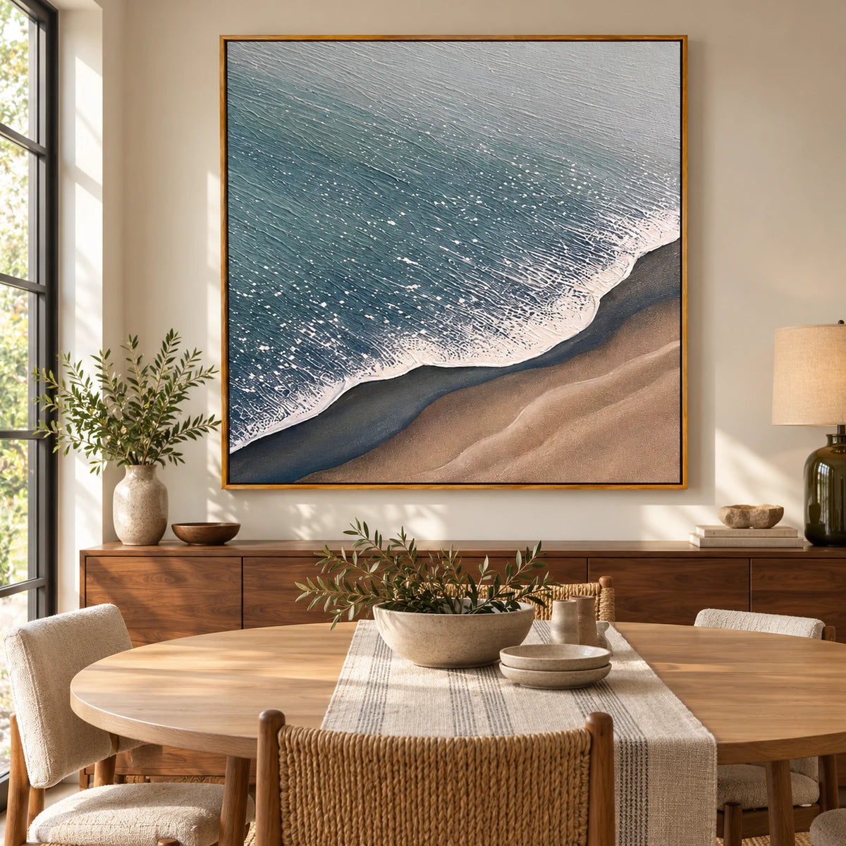 Blue Ocean Foam and Sandy Beach Oil Painting | Aerial Shoreline Neutral Coastal Textured Square Wall Art OA 1672