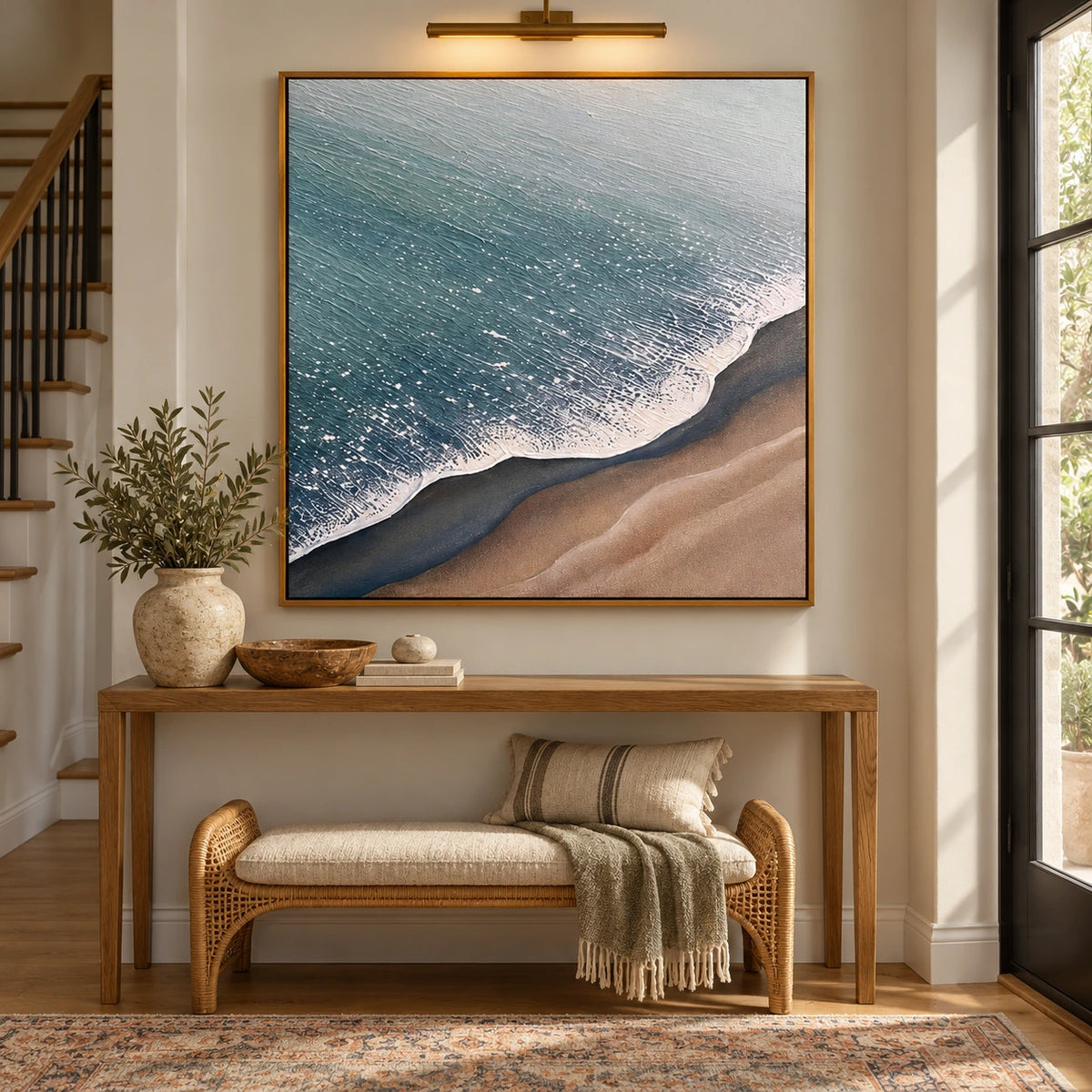 Blue Ocean Foam and Sandy Beach Oil Painting | Aerial Shoreline Neutral Coastal Textured Square Wall Art OA 1672